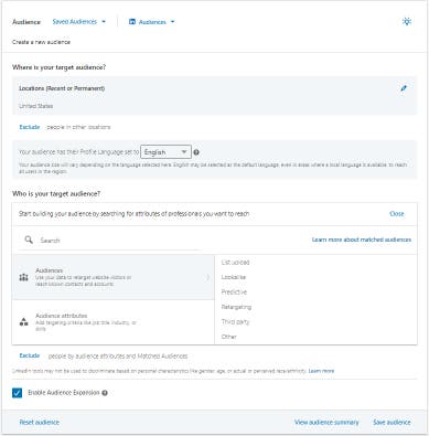 Captura de pantalla de la sección «Público» del Administrador de campañas