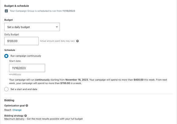 Captura de pantalla de la sección «Presupuesto y programación» del Administrador de campañas