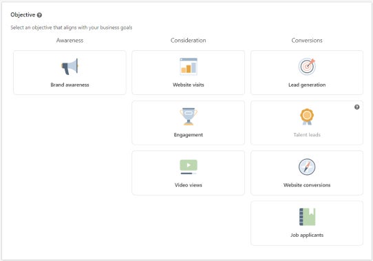 Captura de pantalla de la vista «Objetivo» del Administrador de campañas