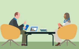 Ilustração de duas pessoas trabalhando em uma mesa.