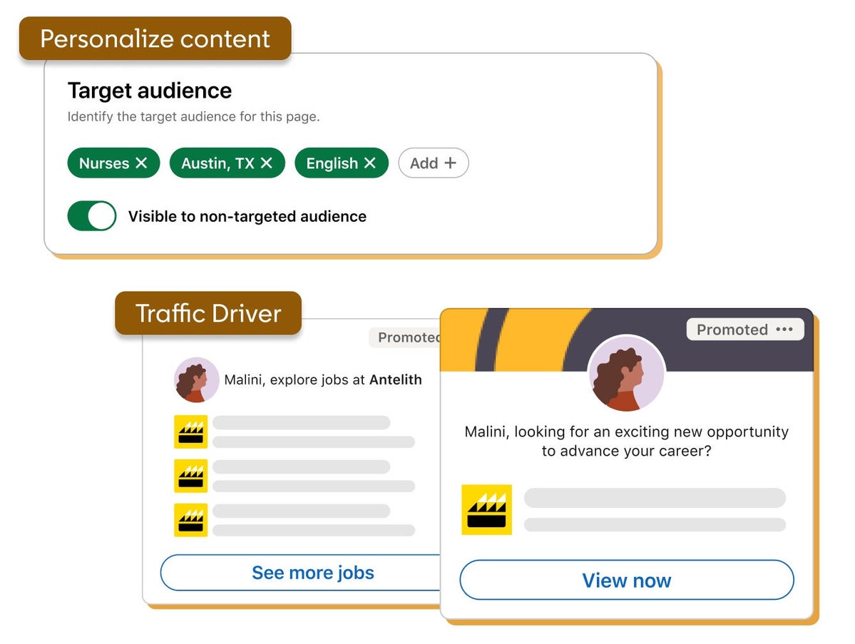 Illustration of a LinkedIn profile highlighting two features: personalized content and traffic drivers such as promoted posts.