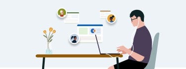 Illustration of man sitting at a desk working on computer