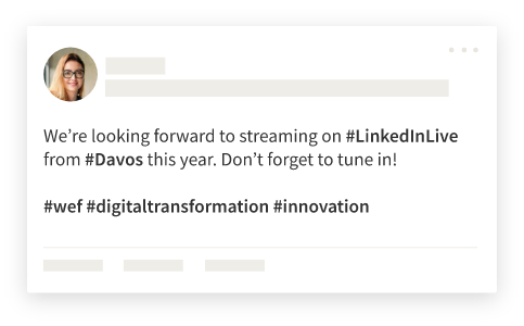 Exemple de conversation avec les hashtags #LinkedInLive #Davos #wef #digitaltransformation et #innovation