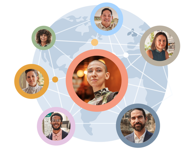 Illustration of several individuals displayed over the globe.