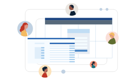 Illustration de tableaux de bord et de plusieurs images de profils d’utilisateurs.