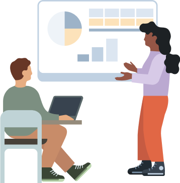 Illustration of two individuals in front of graphs and charts on the board, one is sitting with their laptop while the other is standing.