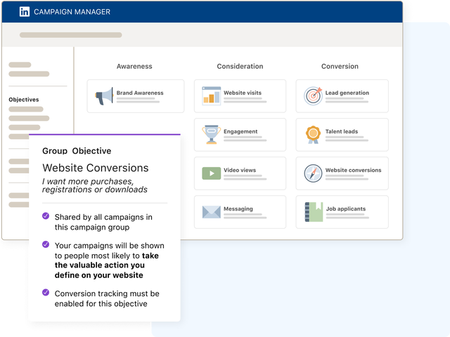 Imagen de la interfaz de LinkedIn que representa la elección de un objetivo