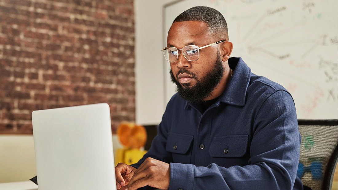 Photo of a talent leader engaged and looking forward. 