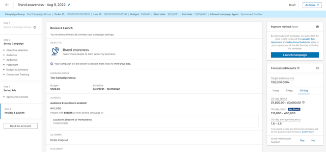Captura de pantalla de la sección «Revisar y lanzar» del Administrador de campañas