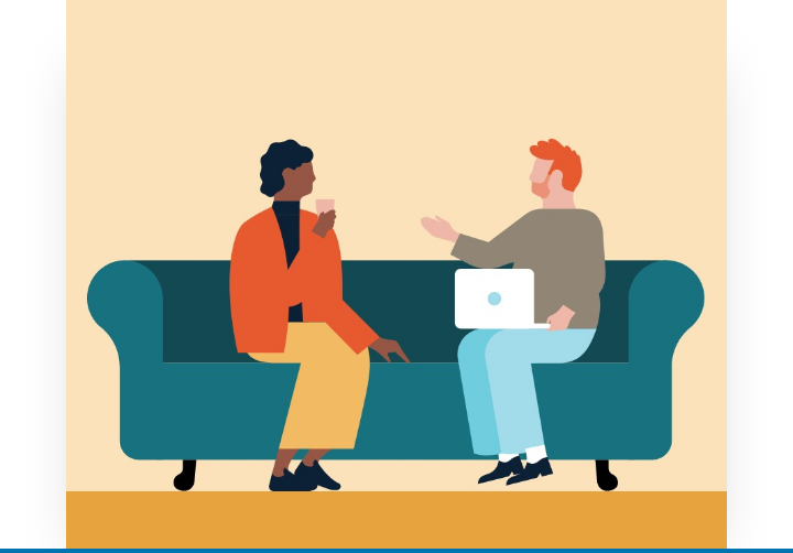 Illustration of two individuals sitting on a couch having a conversation.