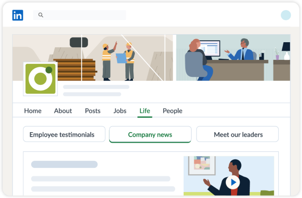 Illustrated UI of a company profile showing the Life tab and the Company News