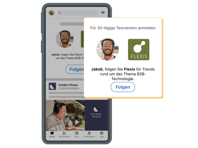 A mobile app interface displaying a promotional ad for Flexis, encouraging users to sign up for a 30-day trial.