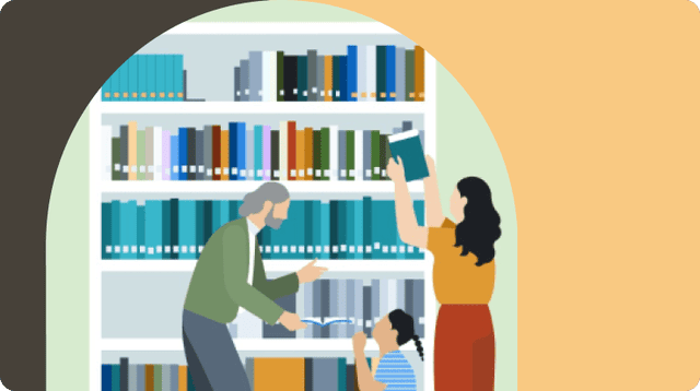 Family browsing books in library setting