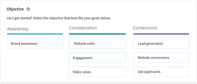 Screenshot of step 1 when building ads for: awareness, consideration or conversions