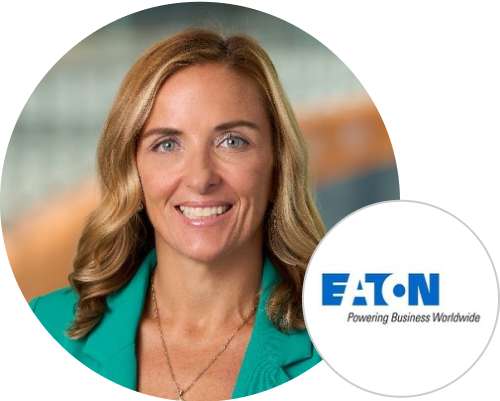  Profile photo of Kristin Oravec with the logo of Eaton on the side.