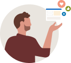 Illustration of an individual pointing to a website and social media reactions.