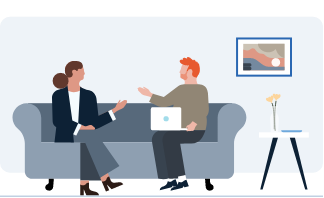 Uma ilustração de duas pessoas conversando em um sofá.