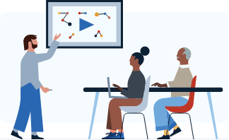 Uma ilustração de uma pessoa se apresentando na frente de outras duas pessoas.