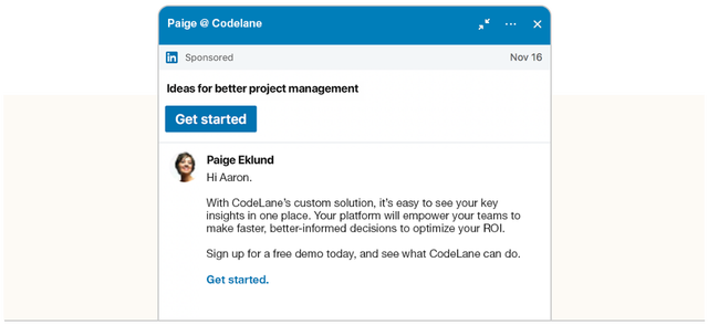 Mobile image of a LinkedIn Message Ad window.