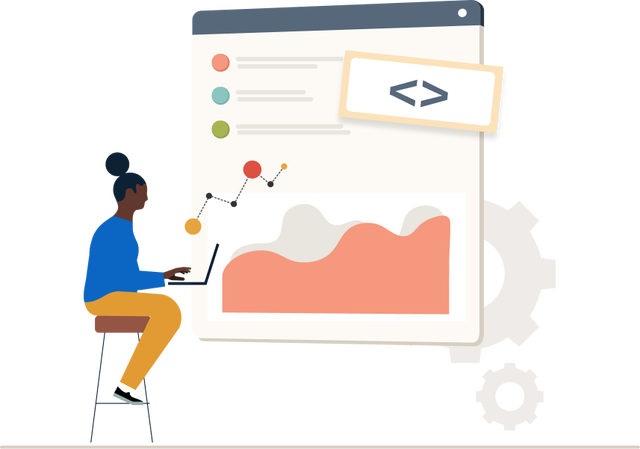 Illustration of an individual sitting on a stool and working on their laptop.