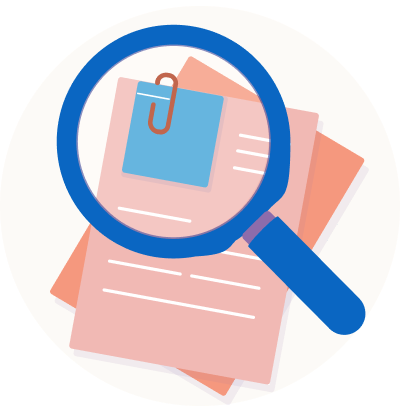Illustration of documents and a magnifying glass.