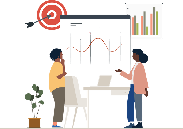 Illustration of two individuals standing and having a conversation.