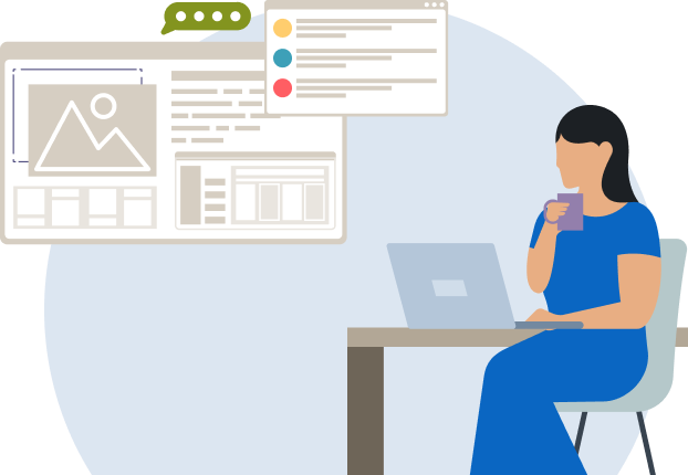 Illustration of an individual at their desk and working on their laptop.