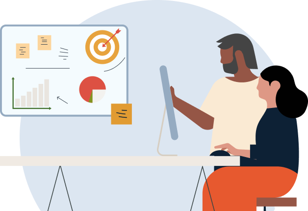 Illustration of two individuals, one standing while the other is sitting, looking at the same computer monitor.