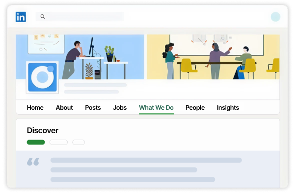 Illustrated UI of a company profile showing the Life tab and the Company News